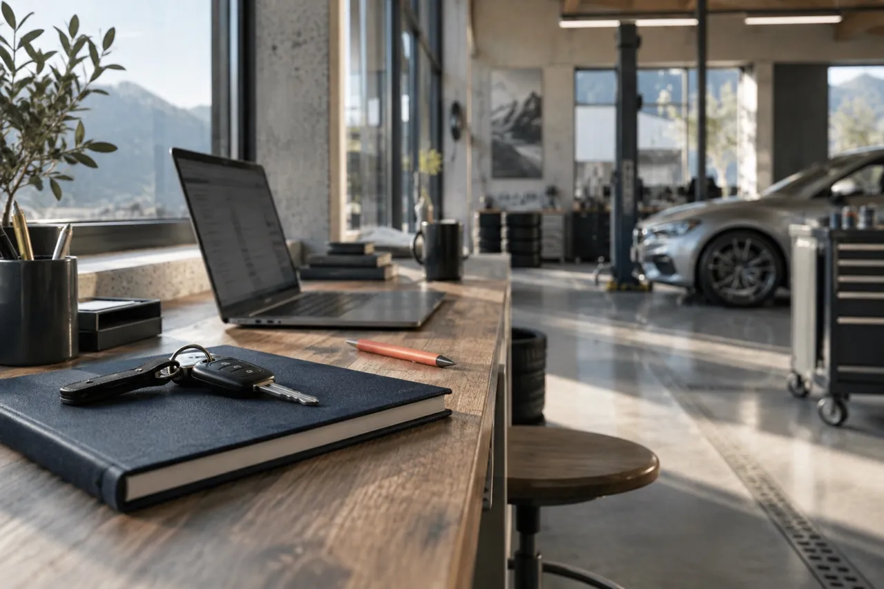 Fahrzeugschlüssel und Laptop am Arbeitsplatz einer Garage